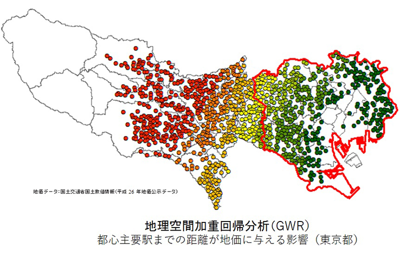 地理空間加重回帰分析（GWR） 都心主要駅までの距離が地価に与える影響（東京都）